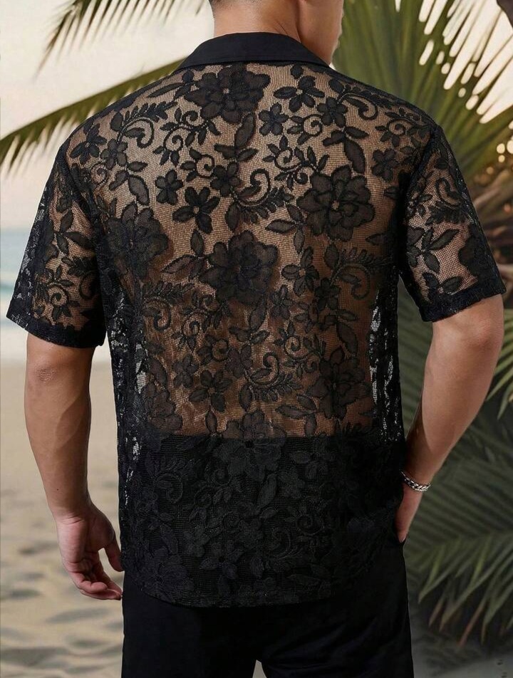 Men's Summer Beach Vacation Sheer Lace Loose Fit Drop Shoulder Shirt